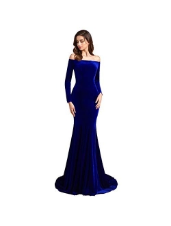 SSPBridal Off Shoulder Velvet Prom Dresses Mermaid Long Sleeves Formal Evening Party Gowns with Court Train pp123