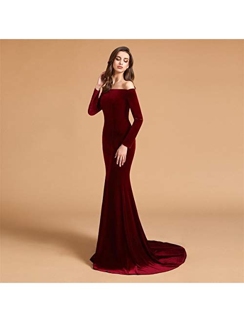 SSPBridal Off Shoulder Velvet Prom Dresses Mermaid Long Sleeves Formal Evening Party Gowns with Court Train pp123