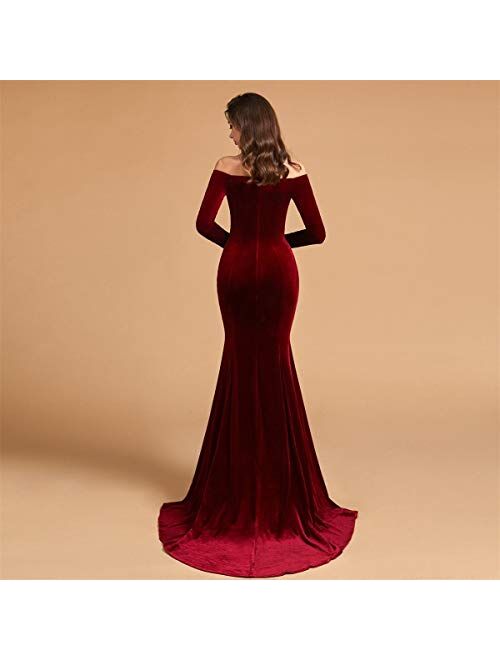 SSPBridal Off Shoulder Velvet Prom Dresses Mermaid Long Sleeves Formal Evening Party Gowns with Court Train pp123