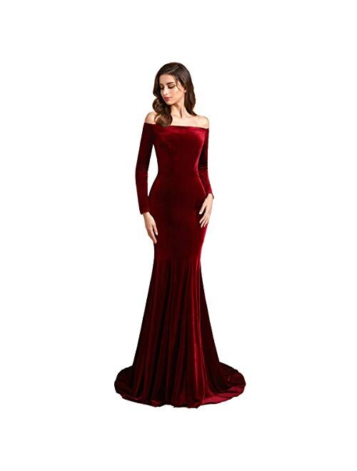 SSPBridal Off Shoulder Velvet Prom Dresses Mermaid Long Sleeves Formal Evening Party Gowns with Court Train pp123