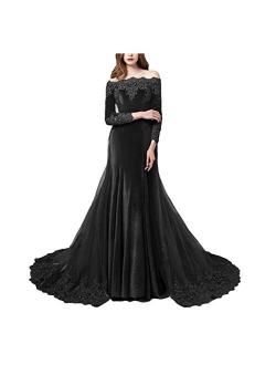 ANGELA Women's V Neck Long Sleeves Formal Mermaid Velvet Evening Dress with Beading