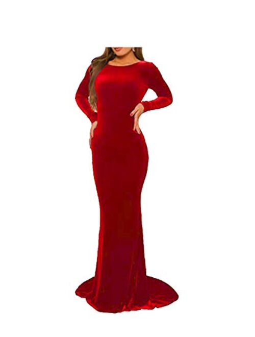 ANGELA Women's V Neck Long Sleeves Formal Mermaid Velvet Evening Dress with Beading