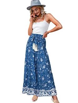 HDE Women's Linen Wide Leg Palazzo Pants Paperbag Flowy Boho Pant with  Pockets