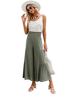 GRACEVINES Women’s Summer Boho Floral Wide Leg Pants Elastic High Waist Loose Casual Beach Palazzo Pants with Belt