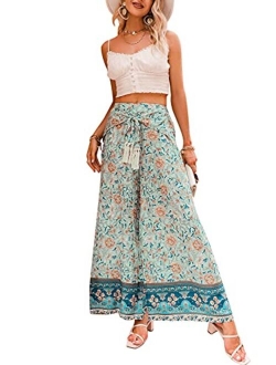 GRACEVINES Women’s Summer Boho Floral Wide Leg Pants Elastic High Waist Loose Casual Beach Palazzo Pants with Belt