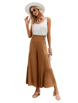 GRACEVINES Women’s Summer Boho Floral Wide Leg Pants Elastic High Waist Loose Casual Beach Palazzo Pants with Belt