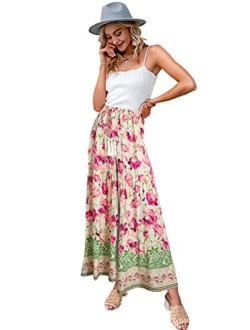 GRACEVINES Women’s Summer Boho Floral Wide Leg Pants Elastic High Waist Loose Casual Beach Palazzo Pants with Belt