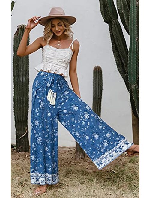 GRACEVINES Women’s Summer Boho Floral Wide Leg Pants Elastic High Waist Loose Casual Beach Palazzo Pants with Belt