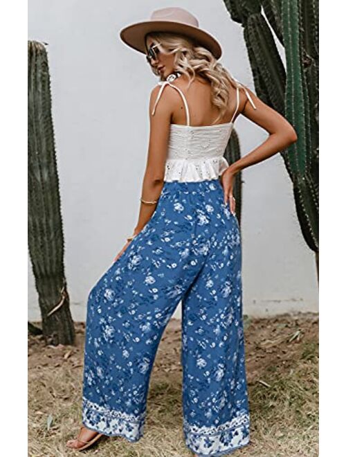 GRACEVINES Women’s Summer Boho Floral Wide Leg Pants Elastic High Waist Loose Casual Beach Palazzo Pants with Belt