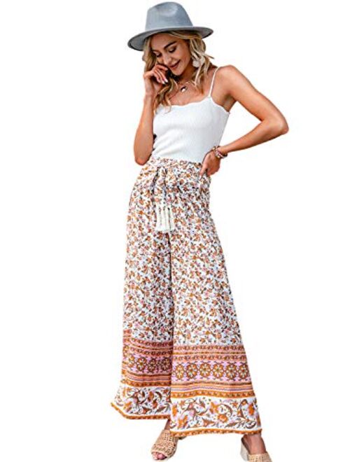 GRACEVINES Women’s Summer Boho Floral Wide Leg Pants Elastic High Waist Loose Casual Beach Palazzo Pants with Belt