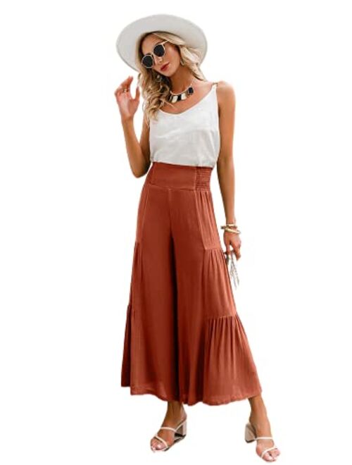 GRACEVINES Women’s Summer Boho Floral Wide Leg Pants Elastic High Waist Loose Casual Beach Palazzo Pants with Belt