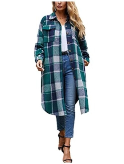 Peaceglad Women's Lounge Lapel Long Sleeve Plaid Shirt Pocket Jacket Shacket