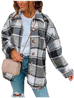 Peaceglad Women's Lounge Lapel Long Sleeve Plaid Shirt Pocket Jacket Shacket