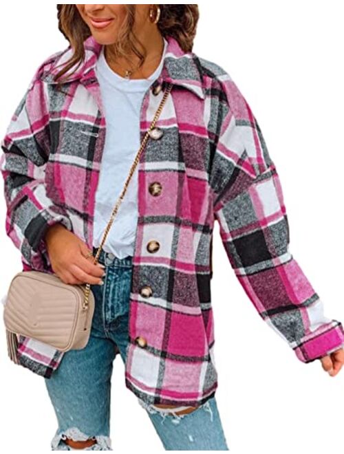 Peaceglad Women's Lounge Lapel Long Sleeve Plaid Shirt Pocket Jacket Shacket