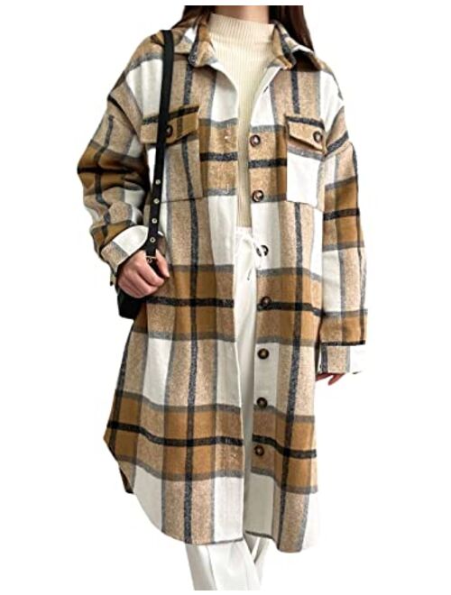 Peaceglad Women's Lounge Lapel Long Sleeve Plaid Shirt Pocket Jacket Shacket