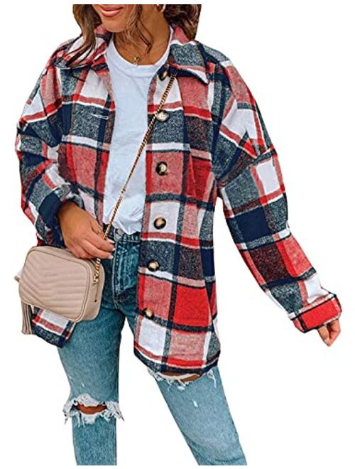 Peaceglad Women's Lounge Lapel Long Sleeve Plaid Shirt Pocket Jacket Shacket