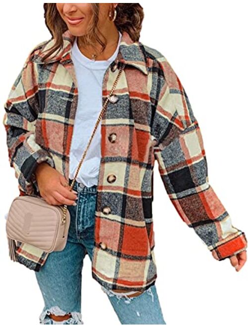 Peaceglad Women's Lounge Lapel Long Sleeve Plaid Shirt Pocket Jacket Shacket