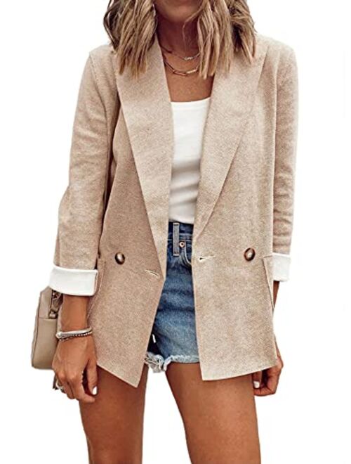 Sidefeel Women Casual Blazers Open Front 3/4 Sleeve Ruched Cardigan Work Office Suit Jacket