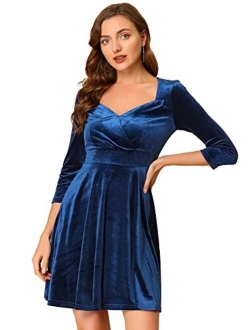 Women's Velvet Sweetheart Neck 3/4 Sleeves Fit and Flare Party Valentines Dress