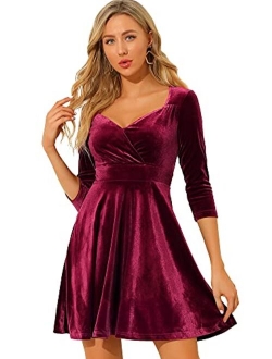 Women's Velvet Sweetheart Neck 3/4 Sleeves Fit and Flare Party Valentines Dress