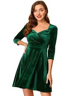 Women's Velvet Sweetheart Neck 3/4 Sleeves Fit and Flare Party Valentines Dress