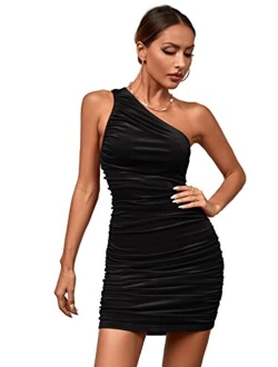 Umenlele Women's One Shoulder Ruched Sleeveless Sexy Velvet Bodycon Mini Short Dress