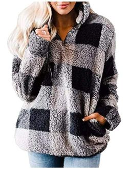 Women's Plaid Sherpa Fleece Zip Sweatshirt Long Sleeve Pullover Jacket