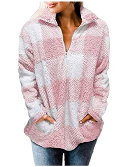 Women's Plaid Sherpa Fleece Zip Sweatshirt Long Sleeve Pullover Jacket