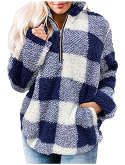 Women's Plaid Sherpa Fleece Zip Sweatshirt Long Sleeve Pullover Jacket