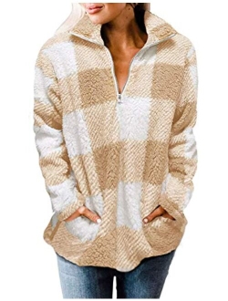 Women's Plaid Sherpa Fleece Zip Sweatshirt Long Sleeve Pullover Jacket