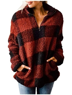 Women's Plaid Sherpa Fleece Zip Sweatshirt Long Sleeve Pullover Jacket