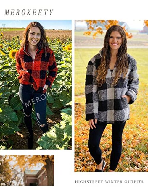 MEROKEETY Women's Plaid Sherpa Fleece Zip Sweatshirt Long Sleeve Pullover Jacket