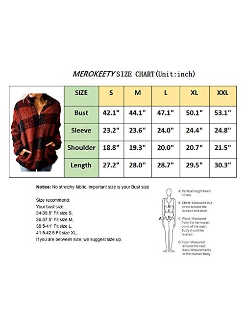 MEROKEETY Women's Plaid Sherpa Fleece Zip Sweatshirt Long Sleeve Pullover Jacket