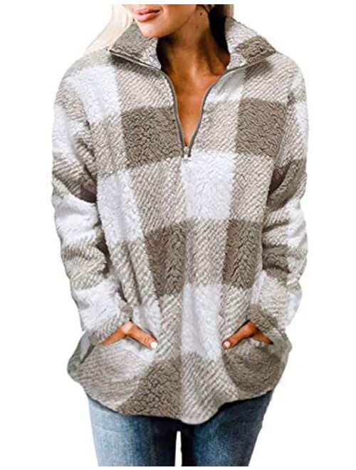 MEROKEETY Women's Plaid Sherpa Fleece Zip Sweatshirt Long Sleeve Pullover Jacket