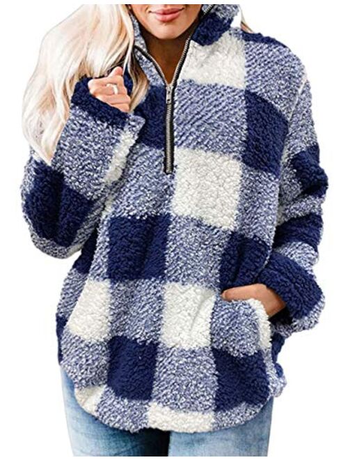 MEROKEETY Women's Plaid Sherpa Fleece Zip Sweatshirt Long Sleeve Pullover Jacket