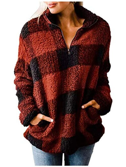 MEROKEETY Women's Plaid Sherpa Fleece Zip Sweatshirt Long Sleeve Pullover Jacket