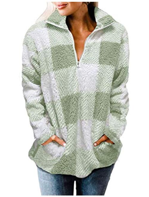 MEROKEETY Women's Plaid Sherpa Fleece Zip Sweatshirt Long Sleeve Pullover Jacket