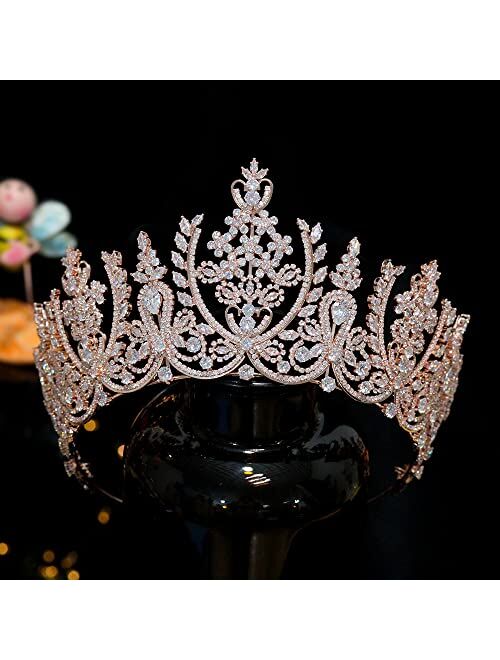 Aoligrace Luxury Big CZ Cubic Zirconia Queen Tiaras and Crowns for Wedding Pageant Large Tall Quinceanera Bridal Hair Accessories Gifts for Women HG0165 (Rose Gold)