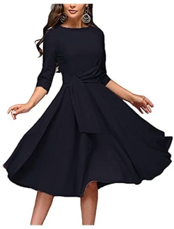 Fenjar Women's Elegance Audrey Hepburn Style Ruched Dress Round Neck 3/4 Sleeve Swing Midi A-line Dresses