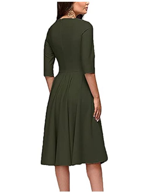 Fenjar Women's Elegance Audrey Hepburn Style Ruched Dress Round Neck 3/4 Sleeve Swing Midi A-line Dresses