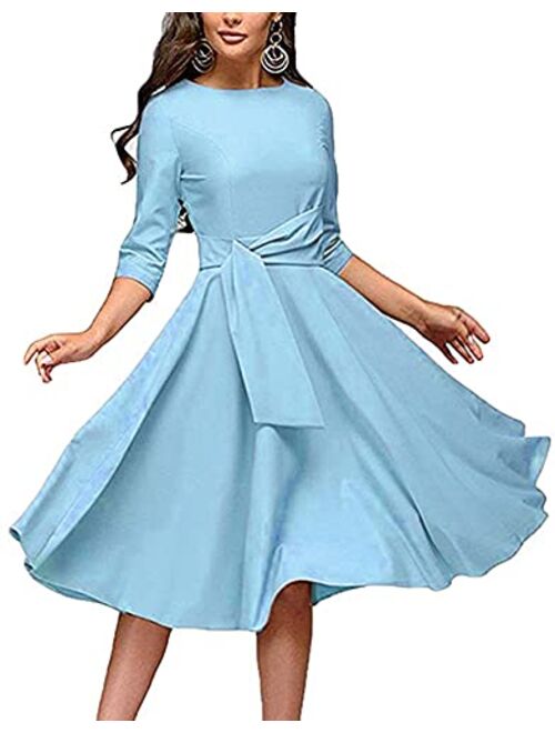 Fenjar Women's Elegance Audrey Hepburn Style Ruched Dress Round Neck 3/4 Sleeve Swing Midi A-line Dresses