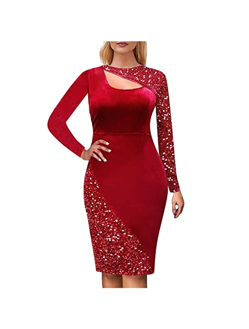 Diomor Women's Fashion Velvet Dress Sequin Spliced ​​Hollow Long Sleeve Slim Midi Bodycon Clubbing Cocktail Dresses Plus Size