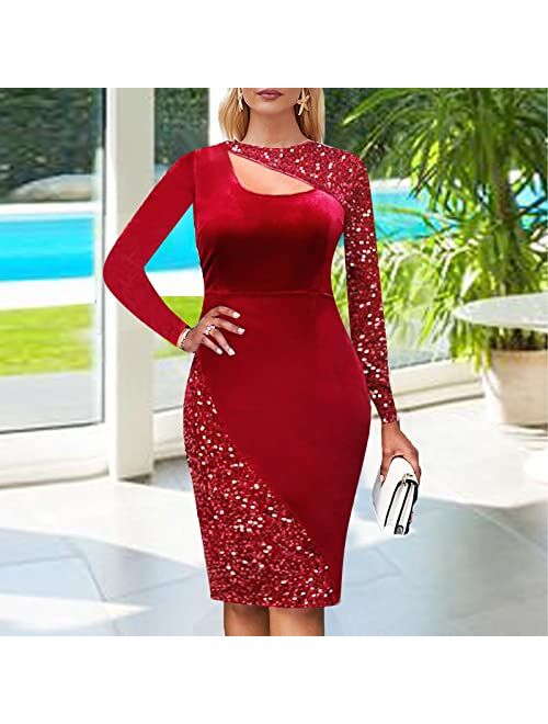 Diomor Women's Fashion Velvet Dress Sequin Spliced ​​Hollow Long Sleeve Slim Midi Bodycon Clubbing Cocktail Dresses Plus Size