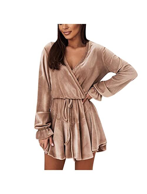 2022 LightClouds Sexy Velvet Dresses for Women Party Casual Long Sleeve Belt Dress Elegant Solid V Neck Loose Mini Dresses