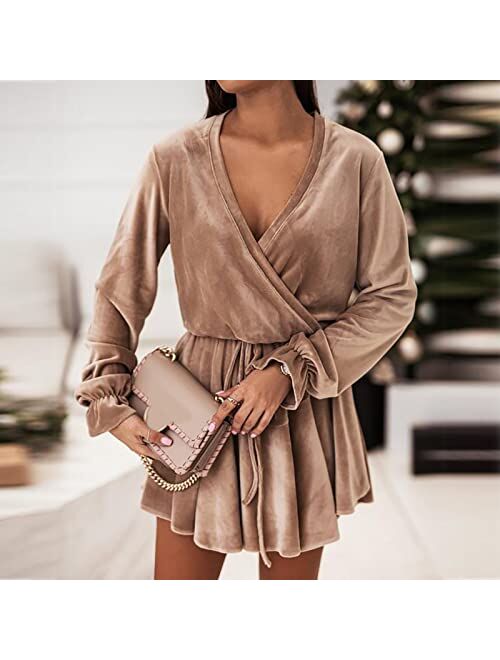 2022 LightClouds Sexy Velvet Dresses for Women Party Casual Long Sleeve Belt Dress Elegant Solid V Neck Loose Mini Dresses