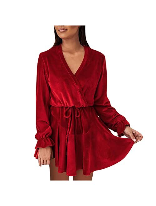 2022 LightClouds Sexy Velvet Dresses for Women Party Casual Long Sleeve Belt Dress Elegant Solid V Neck Loose Mini Dresses