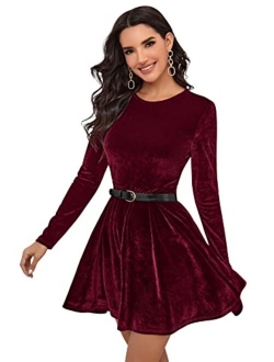 Women's Elegant Velvet Long Sleeve A Line Swing Short Party Dress