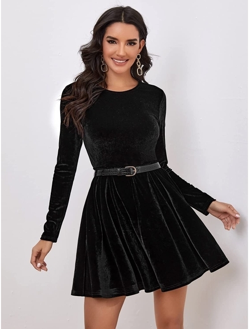 MakeMeChic Women's Elegant Velvet Long Sleeve A Line Swing Short Party Dress