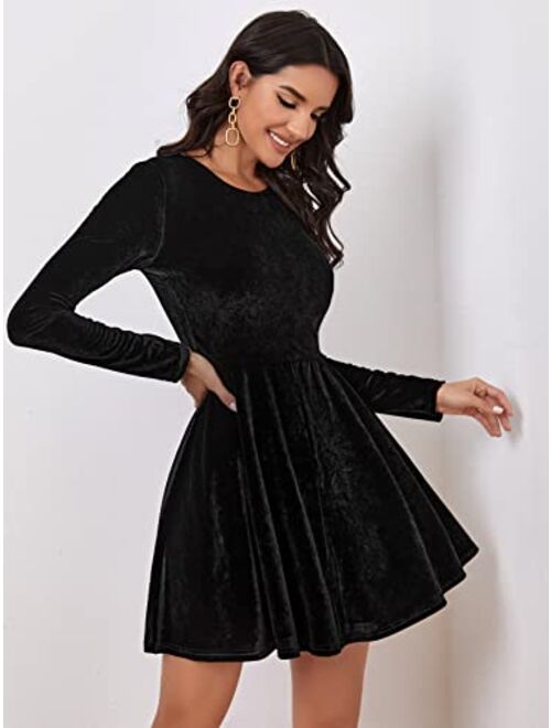 MakeMeChic Women's Elegant Velvet Long Sleeve A Line Swing Short Party Dress