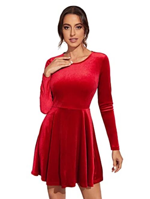 MakeMeChic Women's Elegant Velvet Long Sleeve A Line Swing Short Party Dress